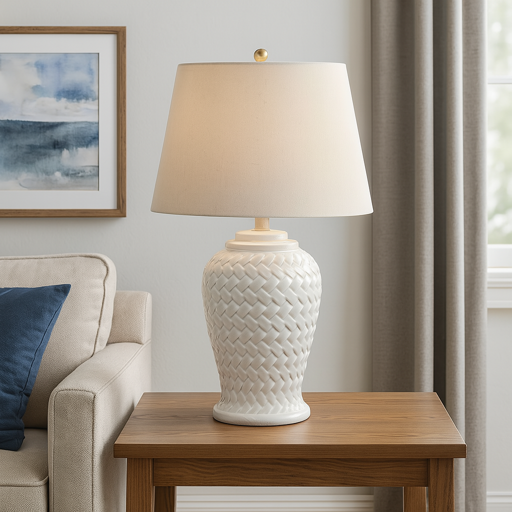 Woven Ceramic Table Lamp With Linen Shade