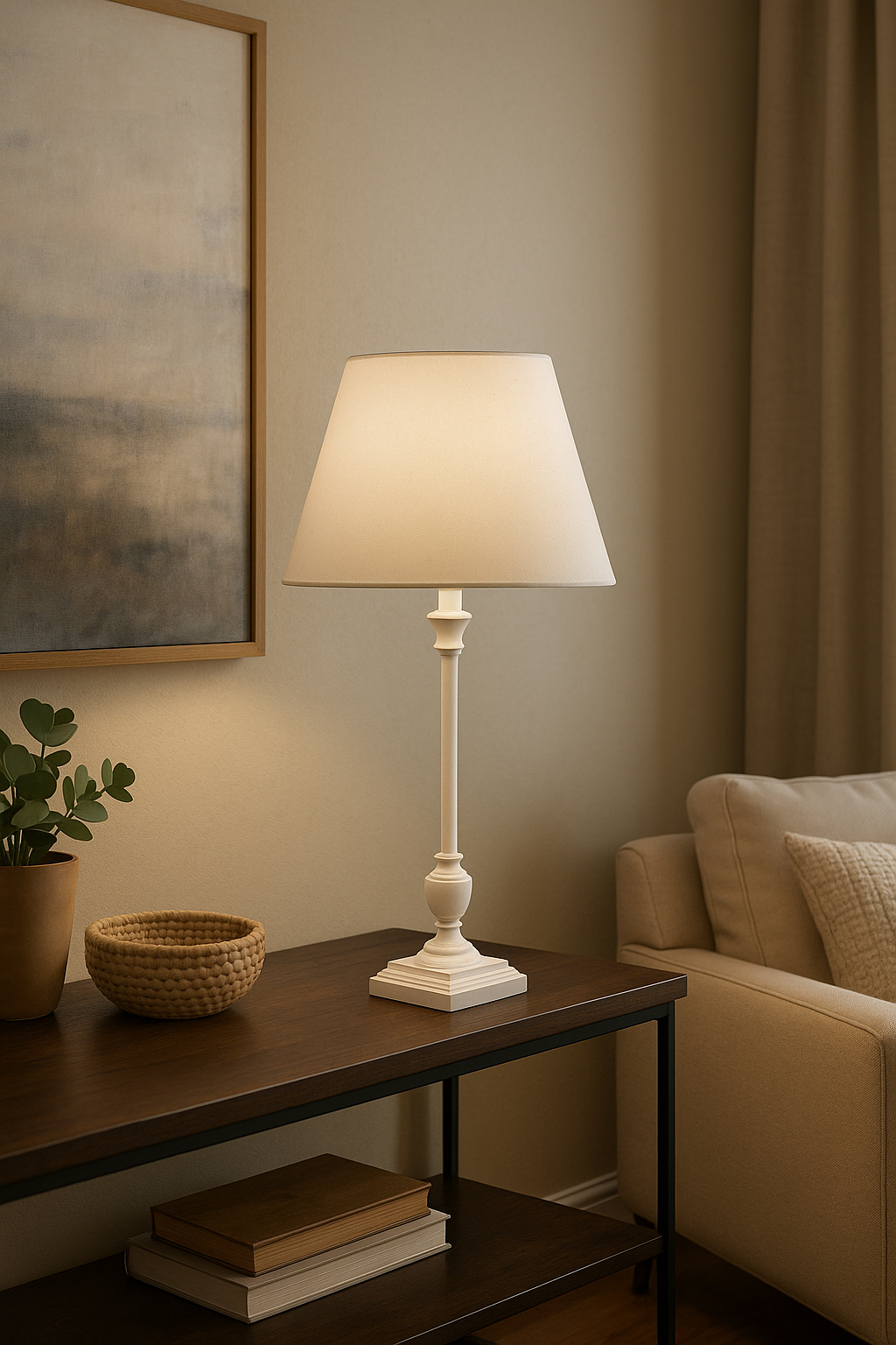 Lamp on a wooden table in a living room setting with a couch and artwork.